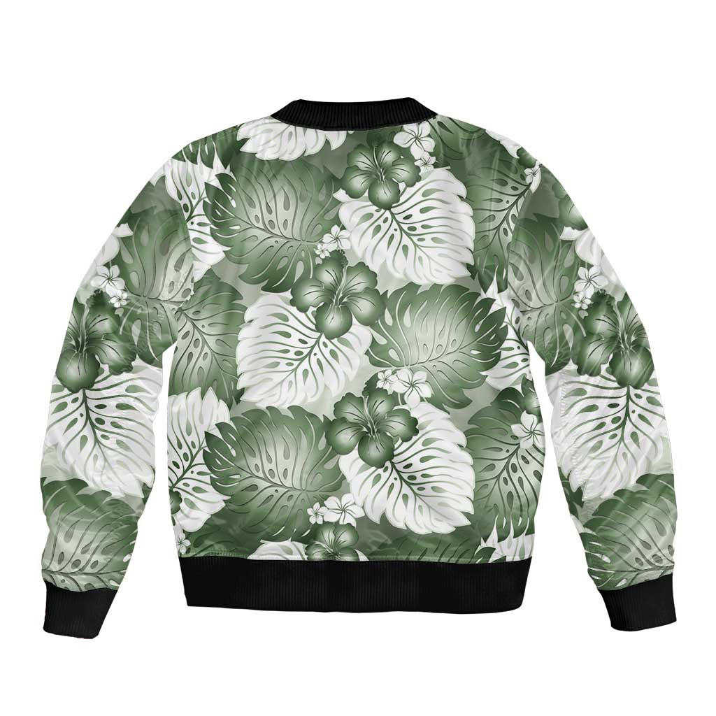 Sage Green Aloha Hawaii Sleeve Zip Bomber Jacket Monstera Hibiscus Plumeria Seamless Vibes - Polynesian Pride