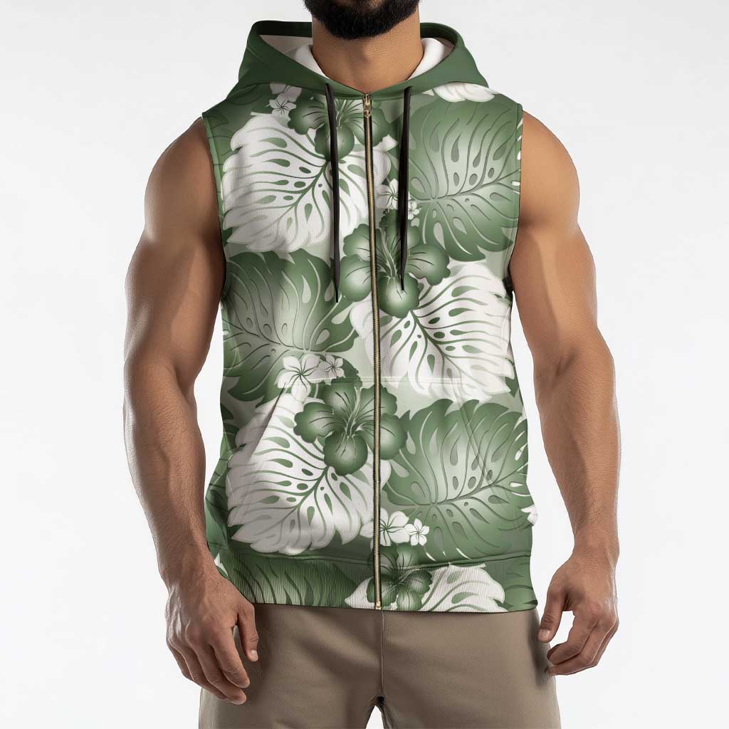 Sage Green Aloha Hawaii Sleeveless Zip Hoodie Monstera Hibiscus Plumeria Seamless Vibes - Polynesian Pride