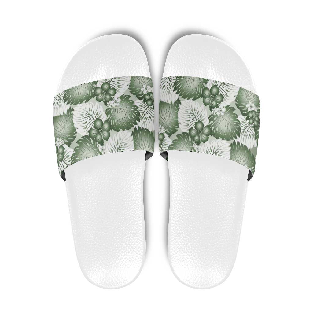 Sage Green Aloha Hawaii Slide Sandals Monstera Hibiscus Plumeria Seamless Vibes - Polynesian Pride