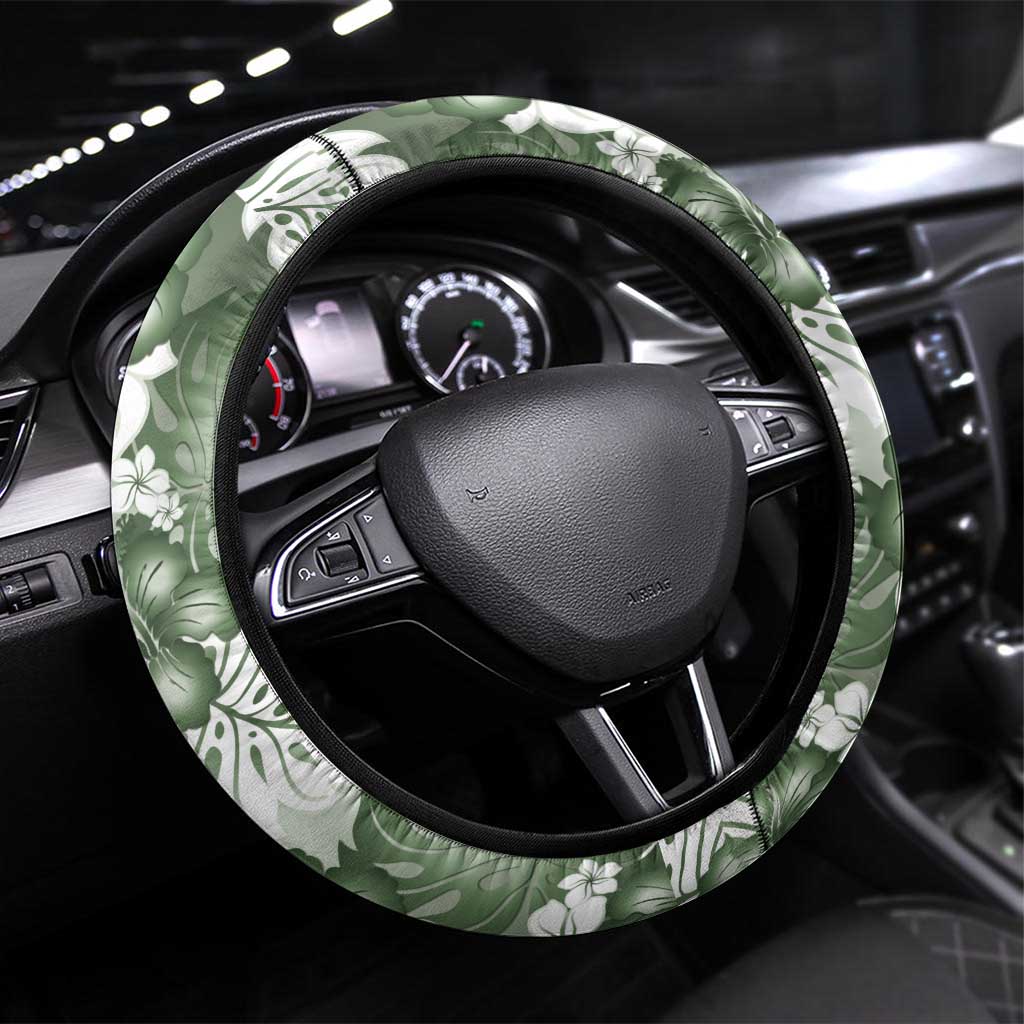 Sage Green Aloha Hawaii Steering Wheel Cover Monstera Hibiscus Plumeria Seamless Vibes - Polynesian Pride