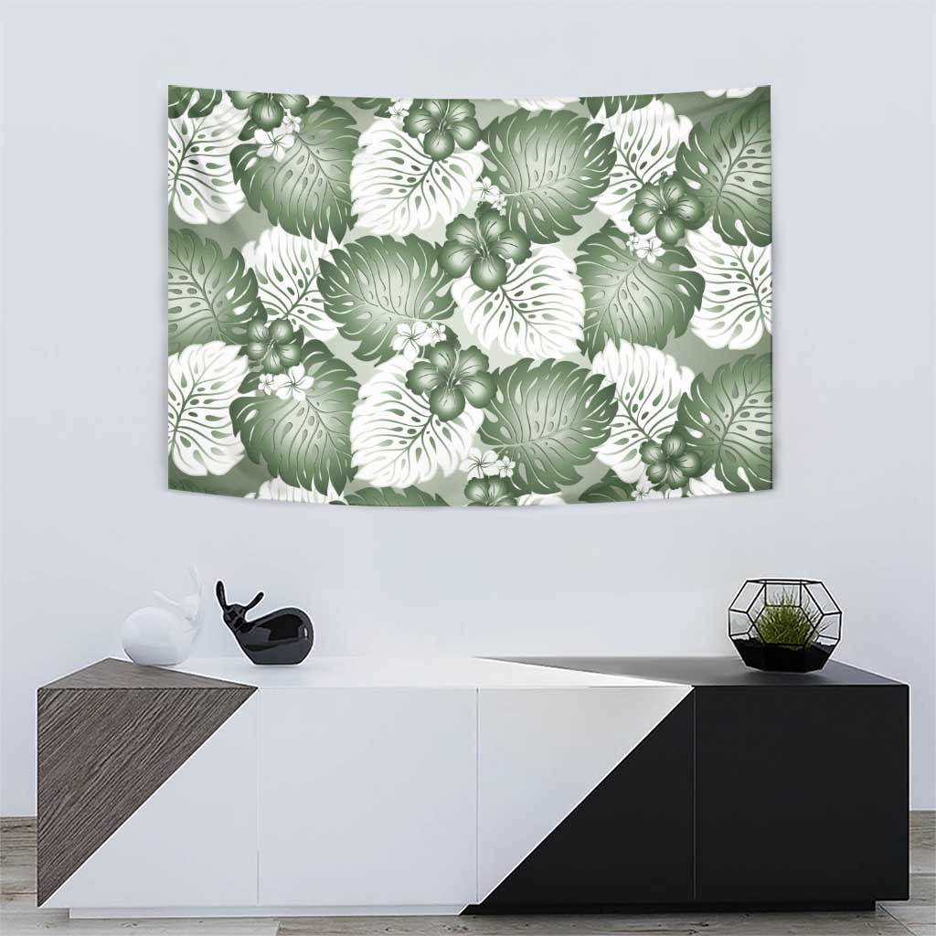 Sage Green Aloha Hawaii Tapestry Monstera Hibiscus Plumeria Seamless Vibes - Polynesian Pride