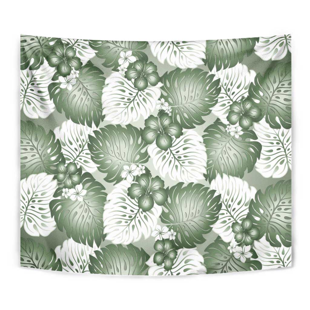 Sage Green Aloha Hawaii Tapestry Monstera Hibiscus Plumeria Seamless Vibes - Polynesian Pride
