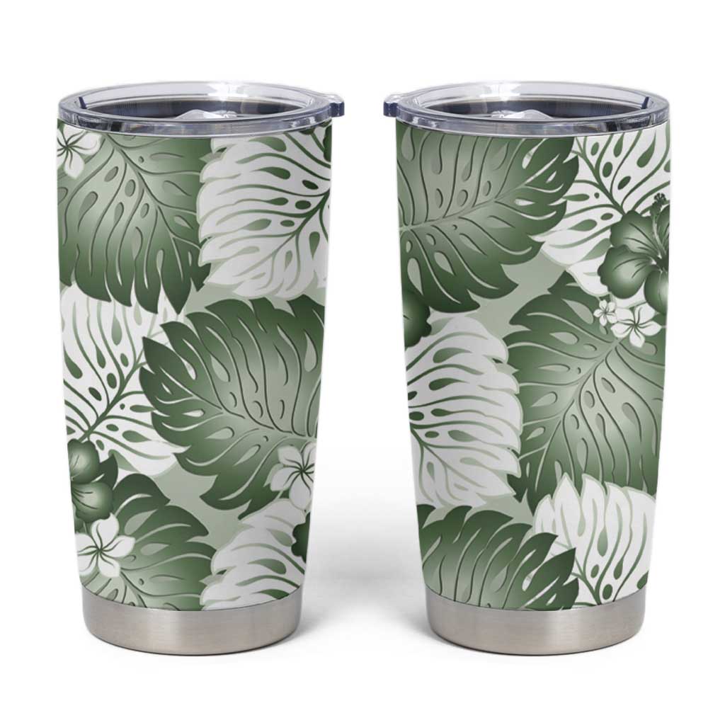 Sage Green Aloha Hawaii Tumbler Cup Monstera Hibiscus Plumeria Seamless Vibes - Polynesian Pride