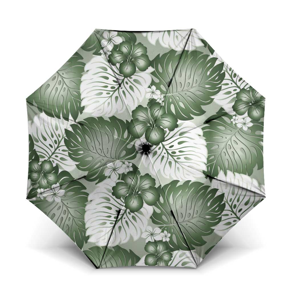 Sage Green Aloha Hawaii Umbrella Monstera Hibiscus Plumeria Seamless Vibes - Polynesian Pride