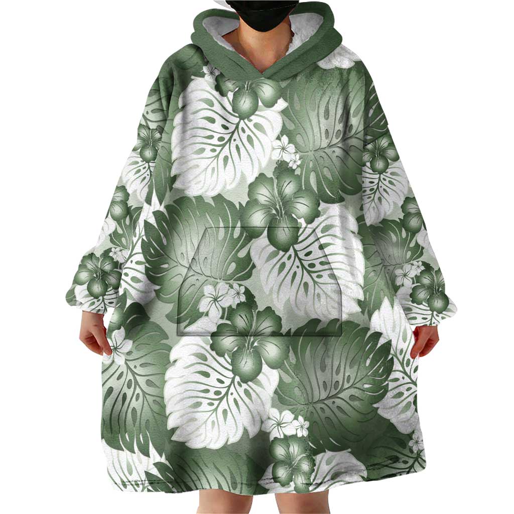 Sage Green Aloha Hawaii Wearable Blanket Hoodie Monstera Hibiscus Plumeria Seamless Vibes - Polynesian Pride