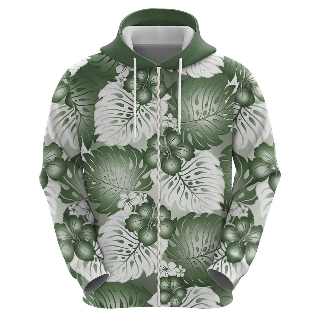 Sage Green Aloha Hawaii Zip Hoodie Monstera Hibiscus Plumeria Seamless Vibes - Polynesian Pride