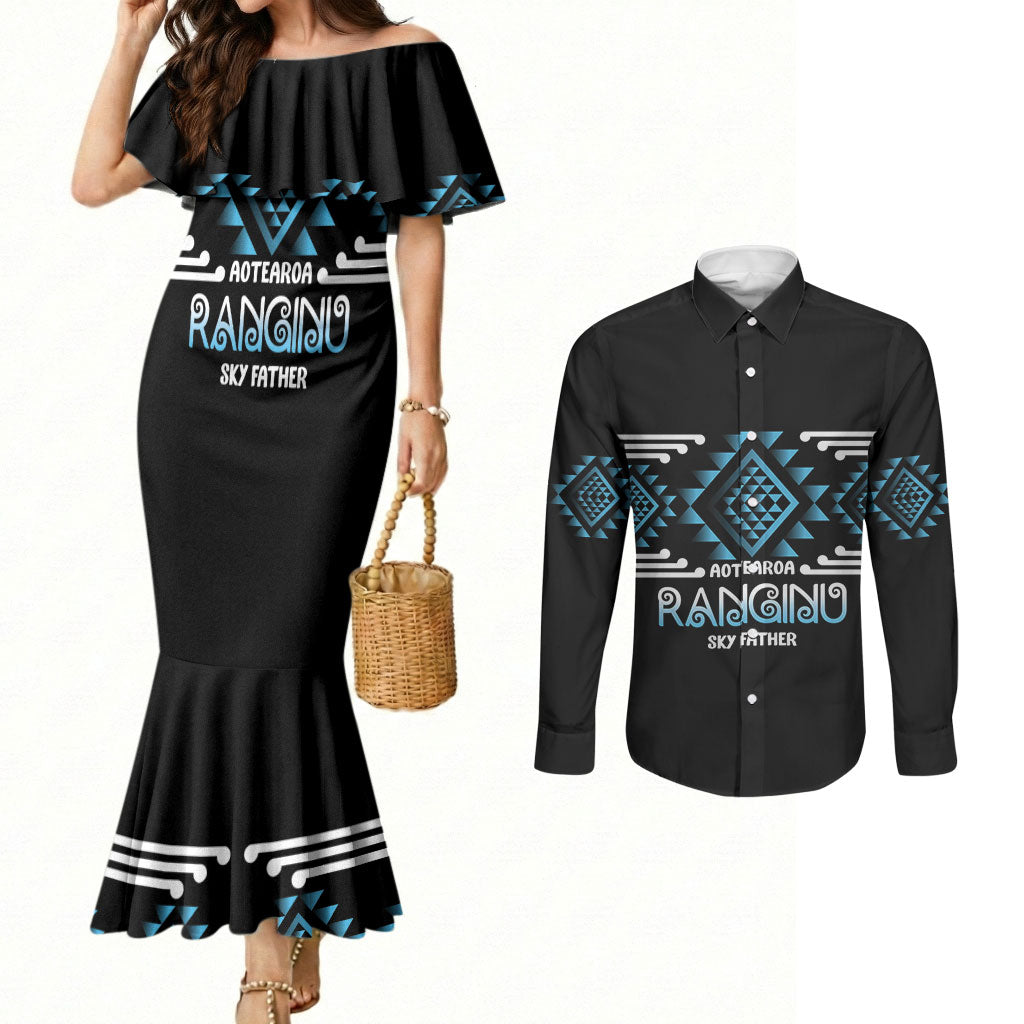 Aotearoa Atua Ranginui Personalised Couples Matching Mermaid Dress and Long Sleeve Button Shirt Maori Sky Father Taniko Motifs LT14 Blue - Polynesian Pride