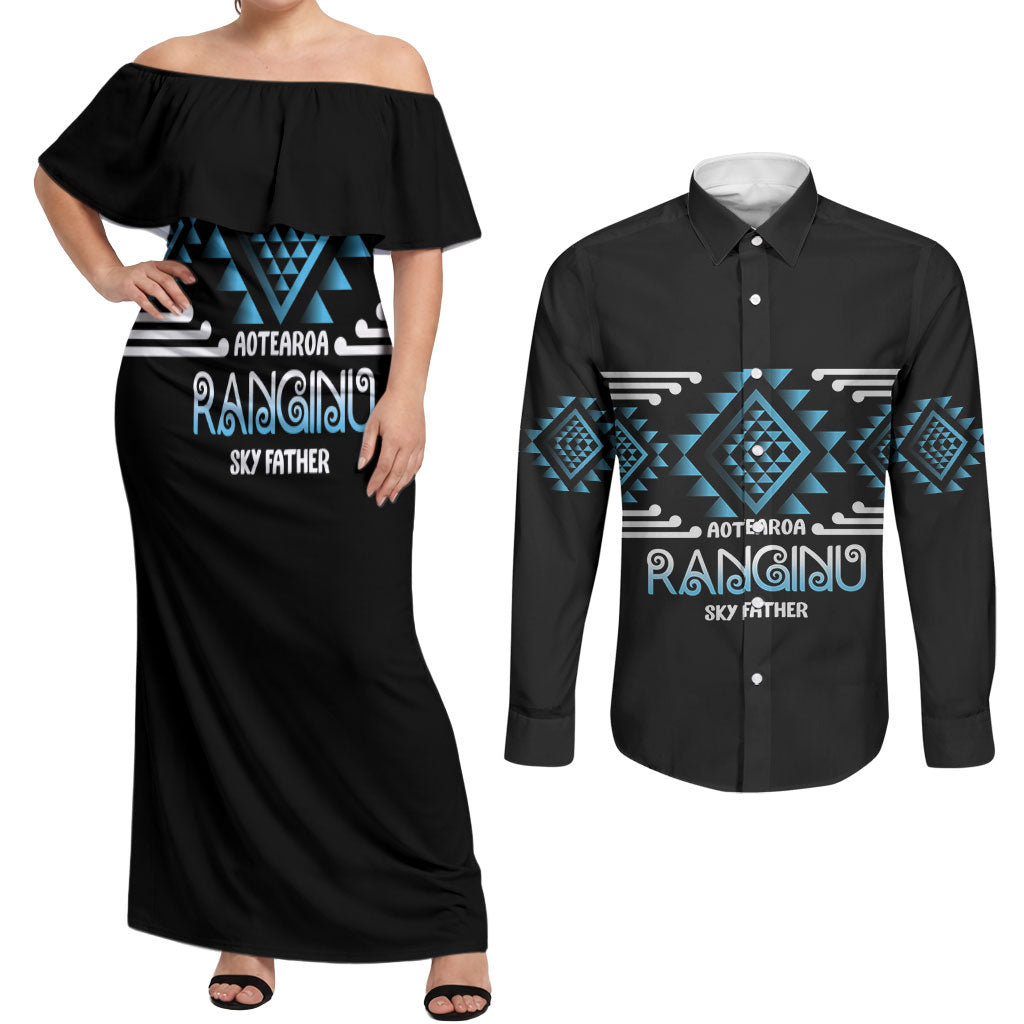 Aotearoa Atua Ranginui Personalised Couples Matching Off Shoulder Maxi Dress and Long Sleeve Button Shirt Maori Sky Father Taniko Motifs LT14 Blue - Polynesian Pride
