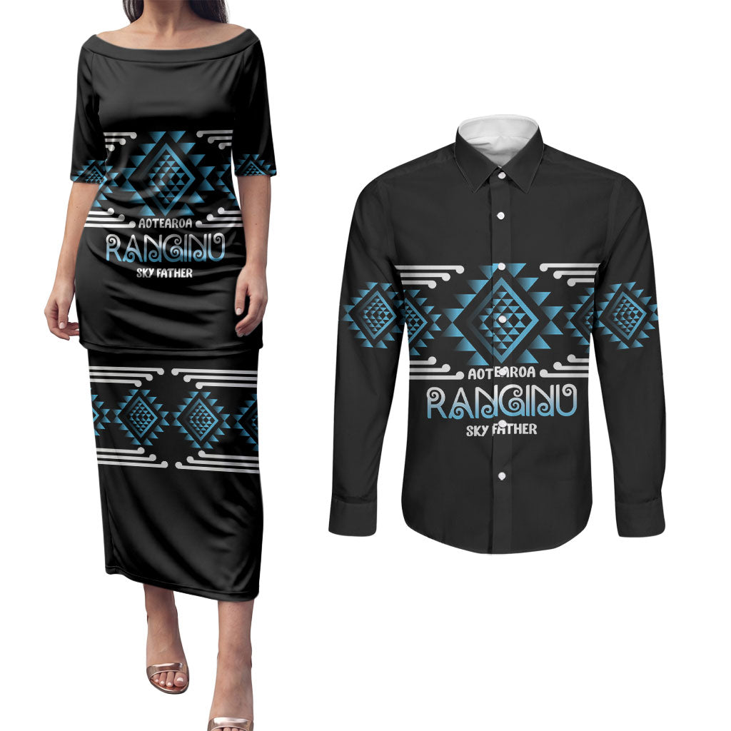 Aotearoa Atua Ranginui Personalised Couples Matching Puletasi and Long Sleeve Button Shirt Maori Sky Father Taniko Motifs LT14 Blue - Polynesian Pride