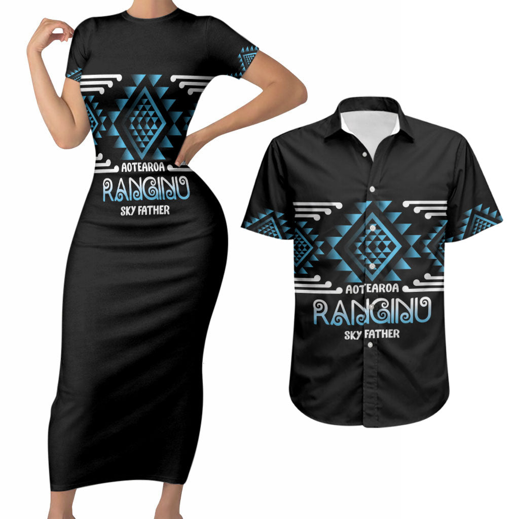 Aotearoa Atua Ranginui Personalised Couples Matching Short Sleeve Bodycon Dress and Hawaiian Shirt Maori Sky Father Taniko Motifs LT14 Blue - Polynesian Pride