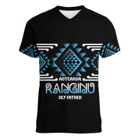 Aotearoa Atua Ranginui Personalised Women V-Neck T-Shirt Maori Sky Father Taniko Motifs LT14 Female Blue - Polynesian Pride