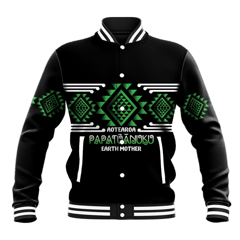Aotearoa Atua Papatuanuku Personalised Baseball Jacket Maori Earth Mother Taniko Motifs LT14 Unisex Green - Polynesian Pride