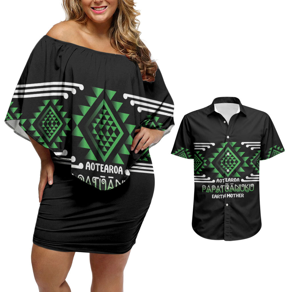Aotearoa Atua Papatuanuku Personalised Couples Matching Off Shoulder Short Dress and Hawaiian Shirt Maori Earth Mother Taniko Motifs LT14 Green - Polynesian Pride