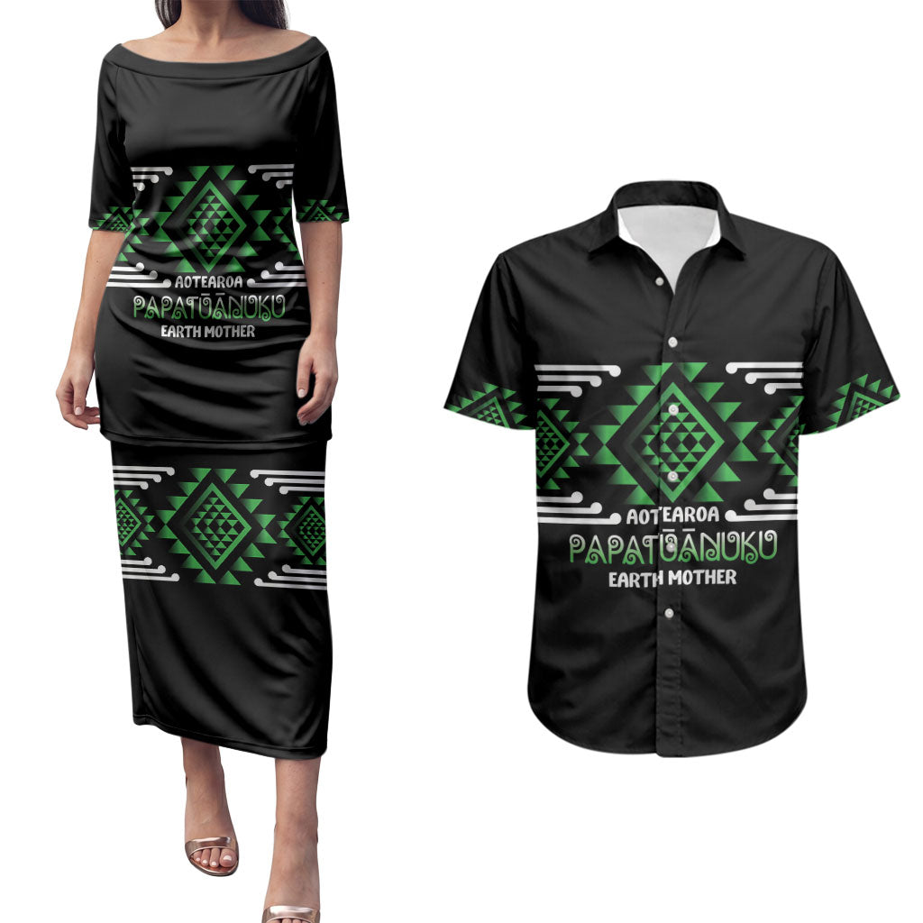 Aotearoa Atua Papatuanuku Personalised Couples Matching Puletasi and Hawaiian Shirt Maori Earth Mother Taniko Motifs LT14 Green - Polynesian Pride
