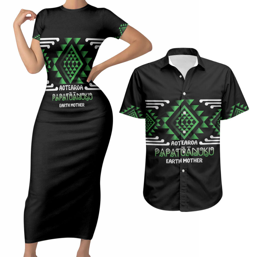 Aotearoa Atua Papatuanuku Personalised Couples Matching Short Sleeve Bodycon Dress and Hawaiian Shirt Maori Earth Mother Taniko Motifs LT14 Green - Polynesian Pride