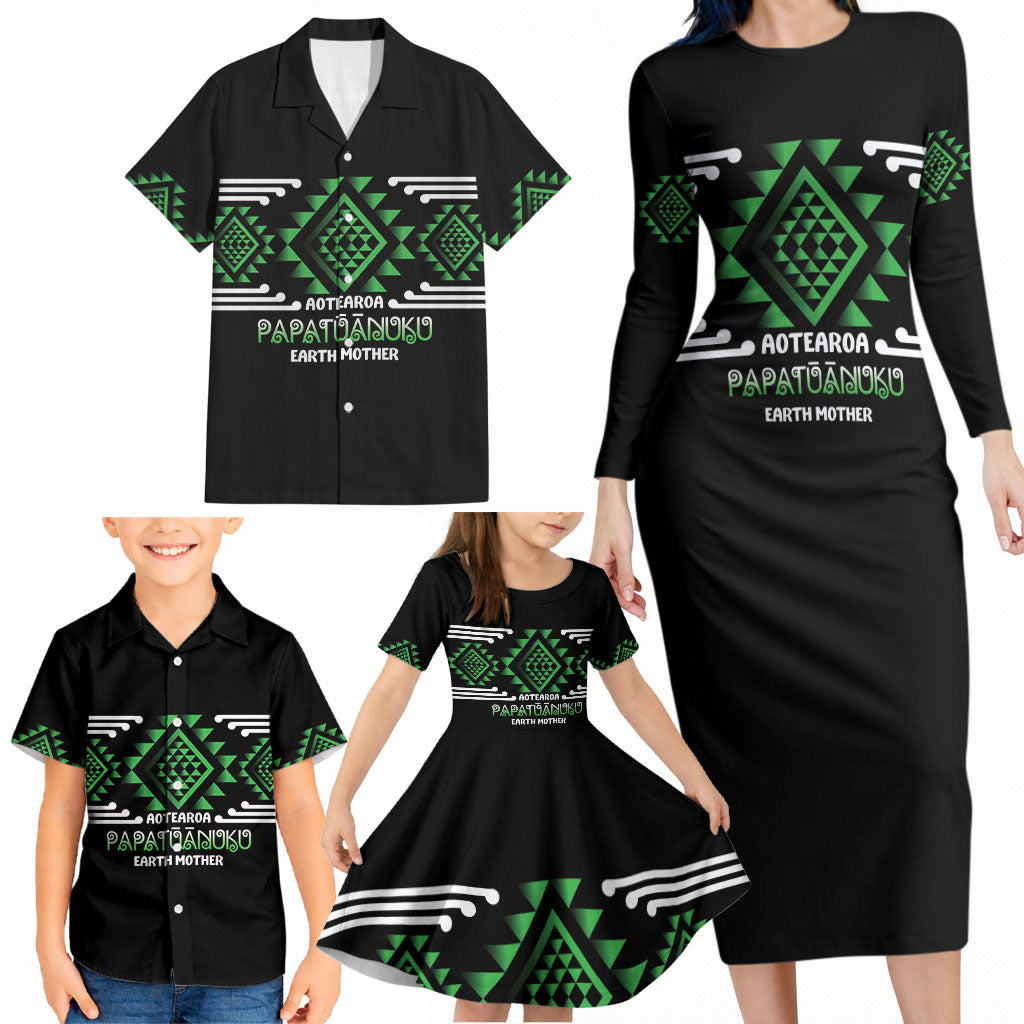 Aotearoa Atua Papatuanuku Personalised Family Matching Long Sleeve Bodycon Dress and Hawaiian Shirt Maori Earth Mother Taniko Motifs LT14 - Polynesian Pride