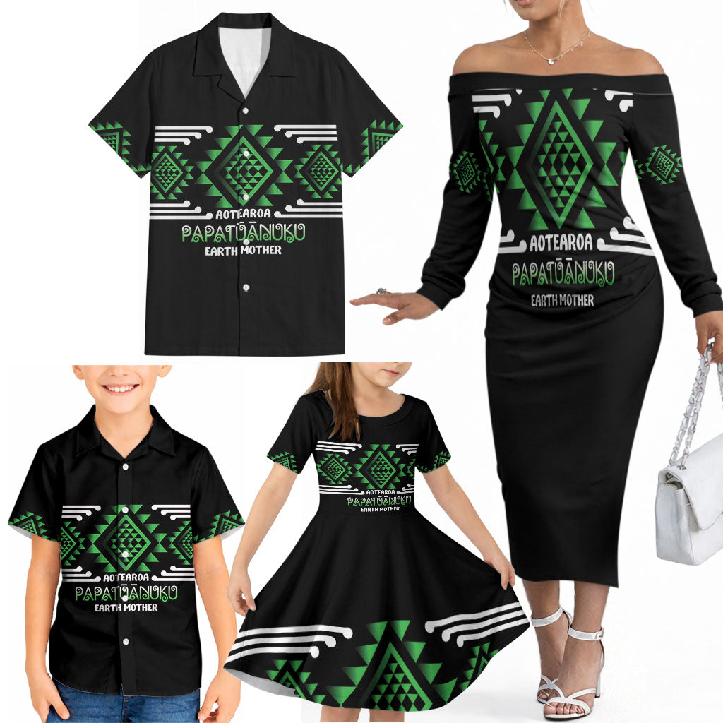 Aotearoa Atua Papatuanuku Personalised Family Matching Off The Shoulder Long Sleeve Dress and Hawaiian Shirt Maori Earth Mother Taniko Motifs LT14 - Polynesian Pride