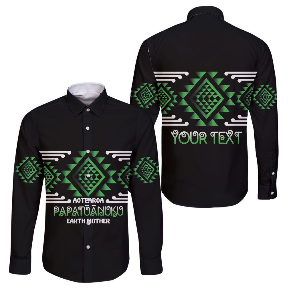 Aotearoa Atua Papatuanuku Personalised Family Matching Short Sleeve Bodycon Dress and Hawaiian Shirt Maori Earth Mother Taniko Motifs LT14 Dad's Shirt - Long Sleeve Green - Polynesian Pride