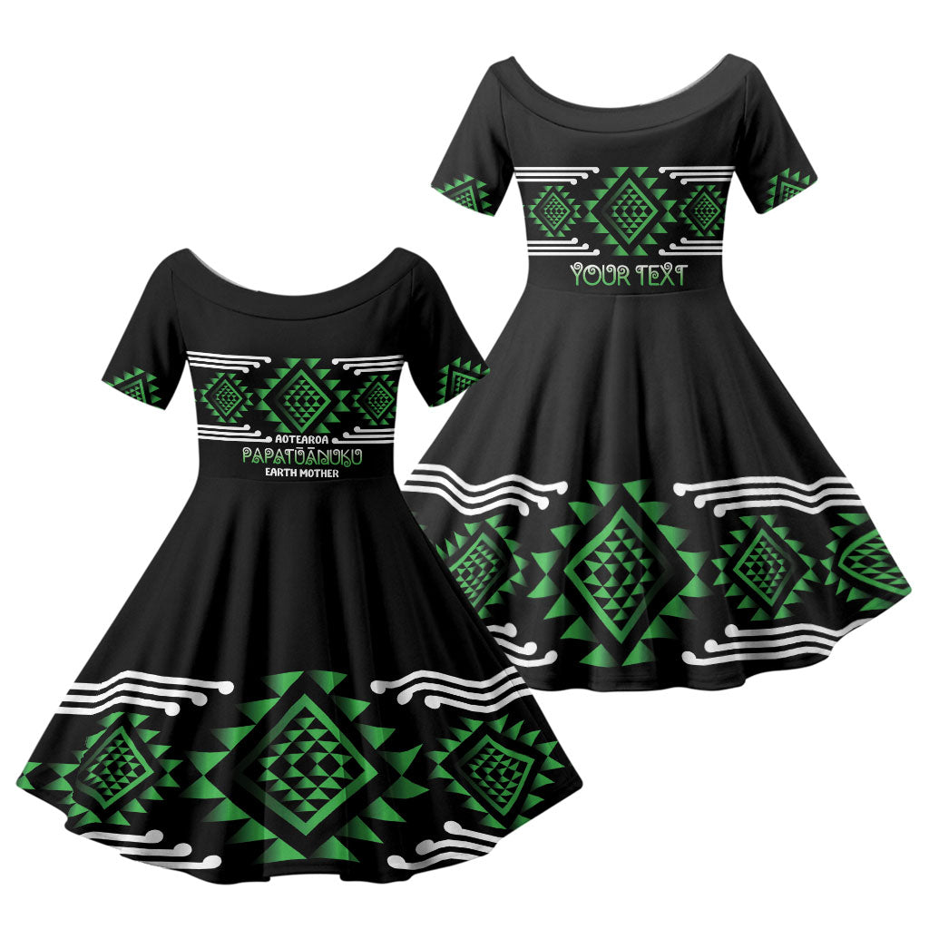 Aotearoa Atua Papatuanuku Personalised Family Matching Summer Maxi Dress and Hawaiian Shirt Maori Earth Mother Taniko Motifs LT14 Daughter's Dress Green - Polynesian Pride