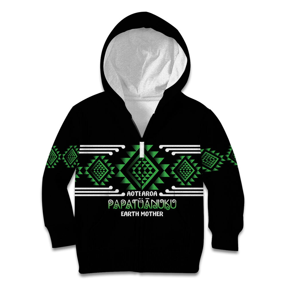 Aotearoa Atua Papatuanuku Personalised Kid Hoodie Maori Earth Mother Taniko Motifs LT14 Zip Hoodie Green - Polynesian Pride