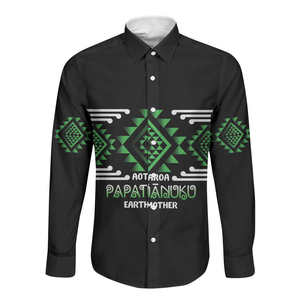 Aotearoa Atua Papatuanuku Personalised Long Sleeve Button Shirt Maori Earth Mother Taniko Motifs LT14 Unisex Green - Polynesian Pride