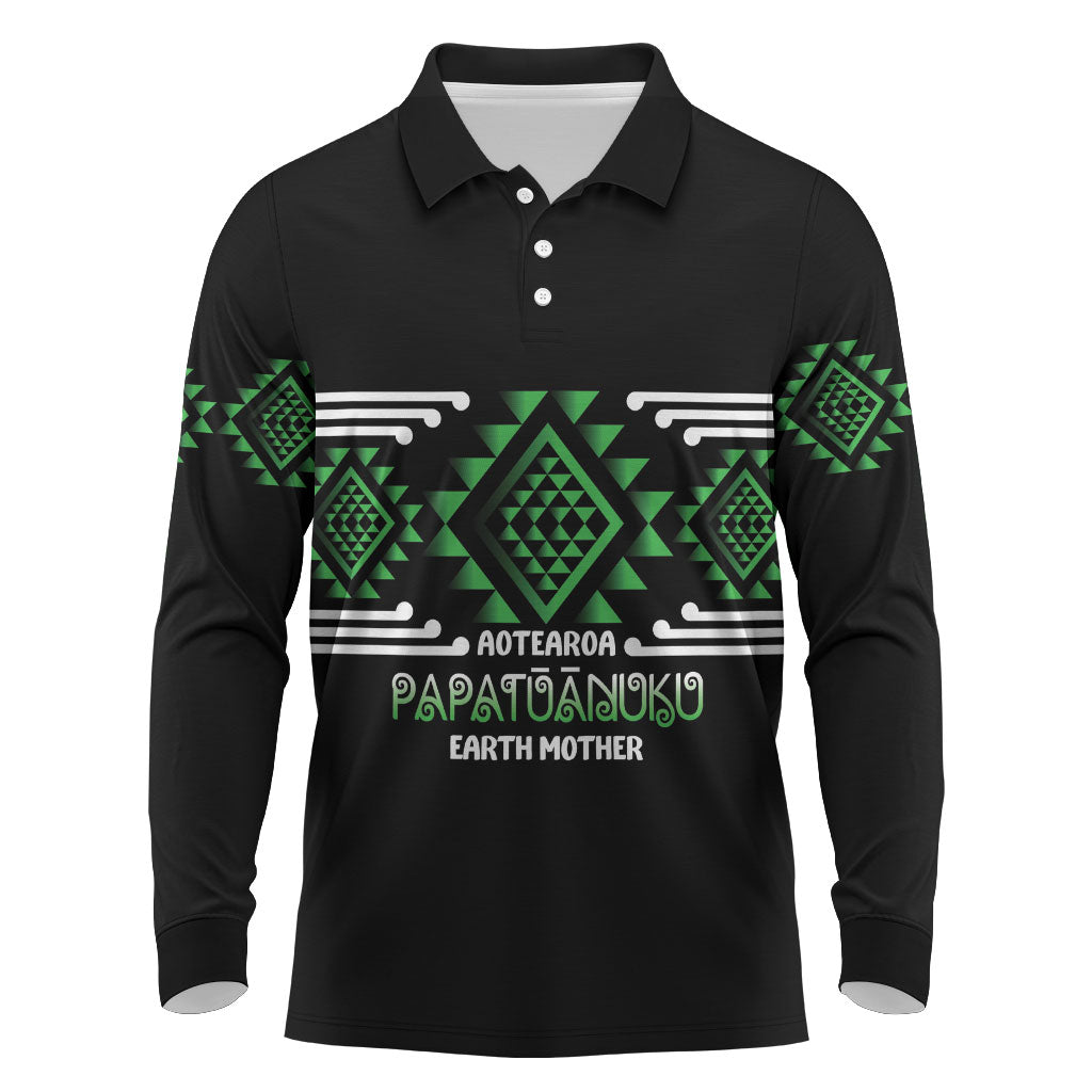 Aotearoa Atua Papatuanuku Personalised Long Sleeve Polo Shirt Maori Earth Mother Taniko Motifs