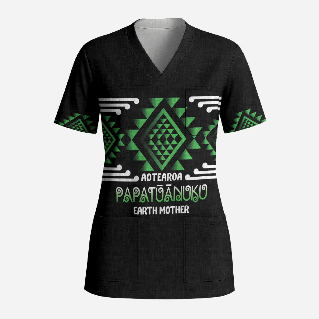 Aotearoa Atua Papatuanuku Personalised Scrub Top Maori Earth Mother Taniko Motifs LT14 Adult Green - Polynesian Pride
