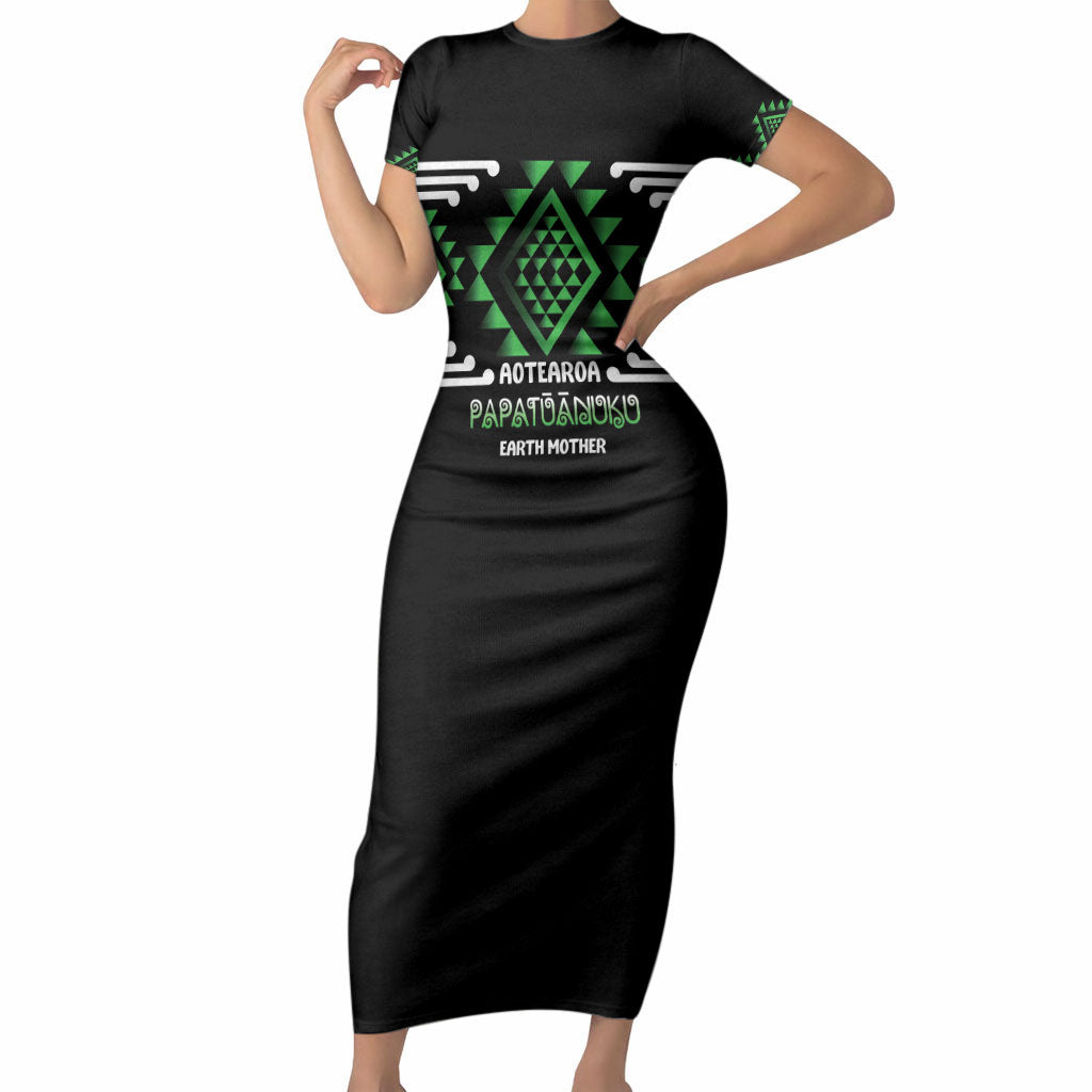 Aotearoa Atua Papatuanuku Personalised Short Sleeve Bodycon Dress Maori Earth Mother Taniko Motifs LT14 Long Dress Green - Polynesian Pride