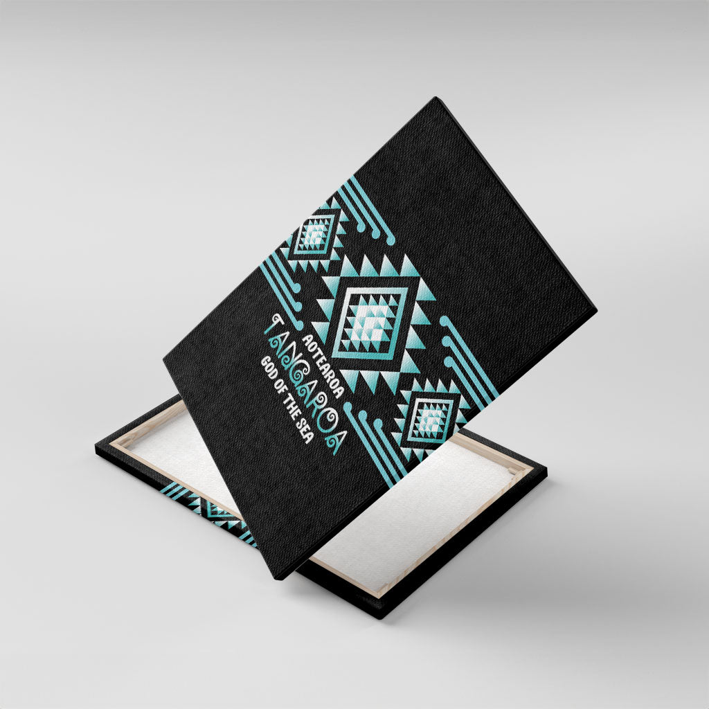 Aotearoa Atua Tangaroa Canvas Wall Art Maori God Of The Sea Taniko Motifs LT14 With Frame Turquoise - Polynesian Pride