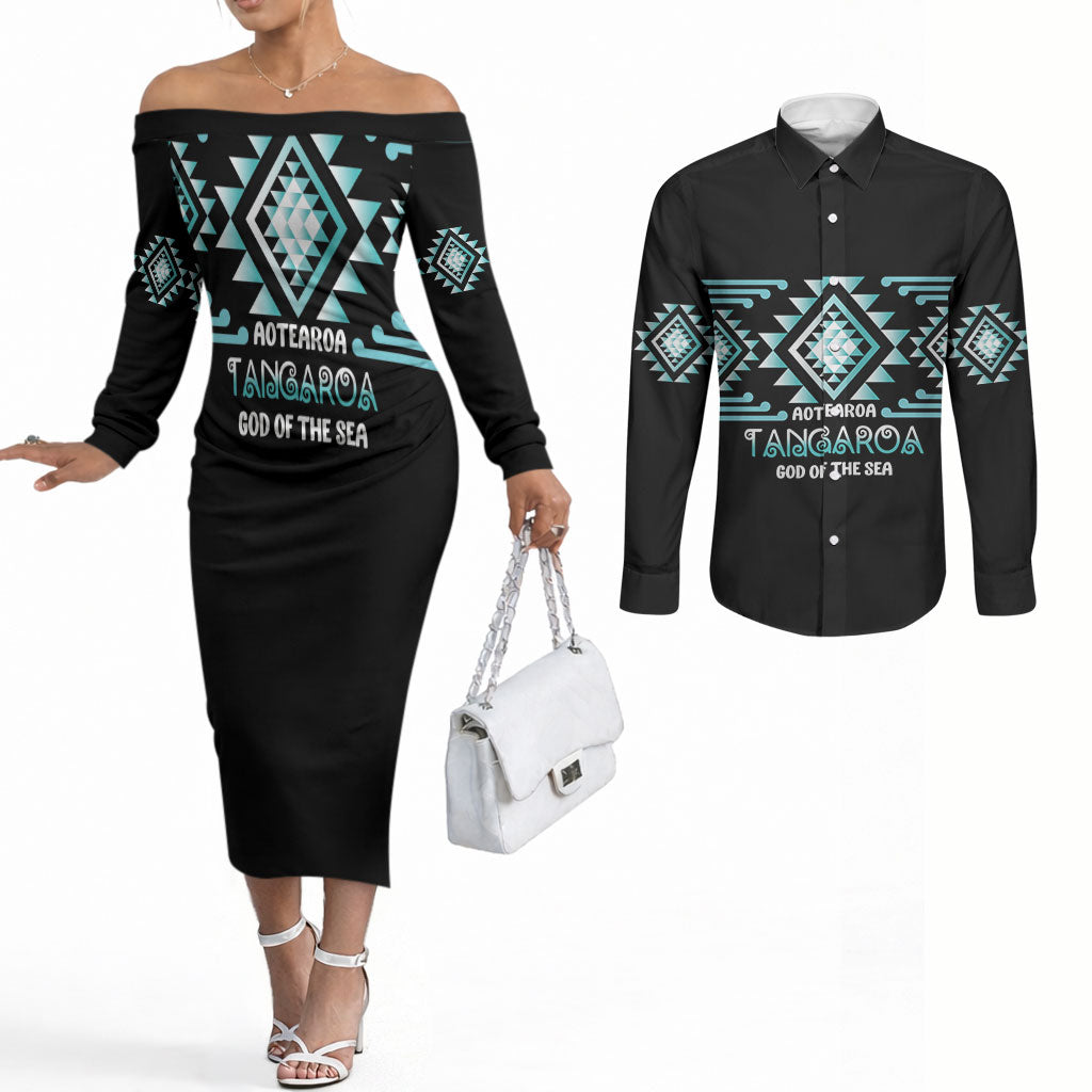Aotearoa Atua Tangaroa Personalised Couples Matching Off The Shoulder Long Sleeve Dress and Long Sleeve Button Shirt Maori God Of The Sea Taniko Motifs LT14 Turquoise - Polynesian Pride