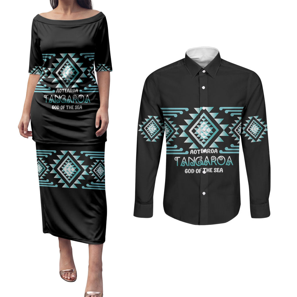 Aotearoa Atua Tangaroa Personalised Couples Matching Puletasi and Long Sleeve Button Shirt Maori God Of The Sea Taniko Motifs LT14 Turquoise - Polynesian Pride