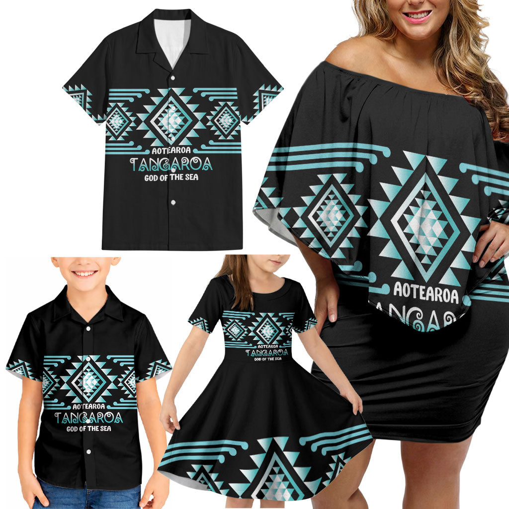 Aotearoa Atua Tangaroa Personalised Family Matching Off Shoulder Short Dress and Hawaiian Shirt Maori God Of The Sea Taniko Motifs LT14 - Polynesian Pride