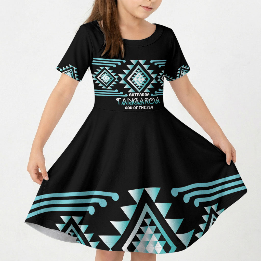 Aotearoa Atua Tangaroa Personalised Kid Short Sleeve Dress Maori God Of The Sea Taniko Motifs LT14 KID Turquoise - Polynesian Pride