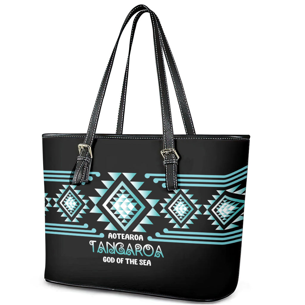 Aotearoa Atua Tangaroa Leather Tote Bag Maori God Of The Sea Taniko Motifs LT14 - Polynesian Pride