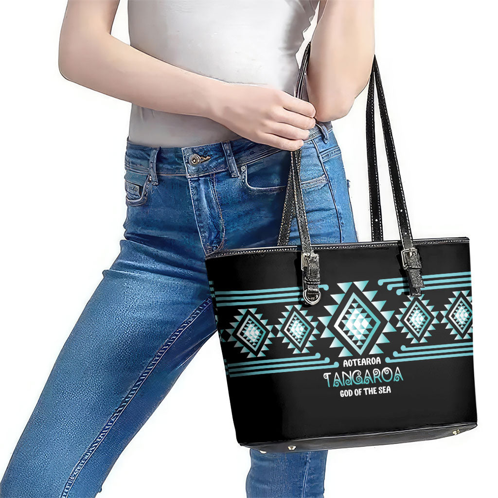 Aotearoa Atua Tangaroa Leather Tote Bag Maori God Of The Sea Taniko Motifs LT14 - Polynesian Pride