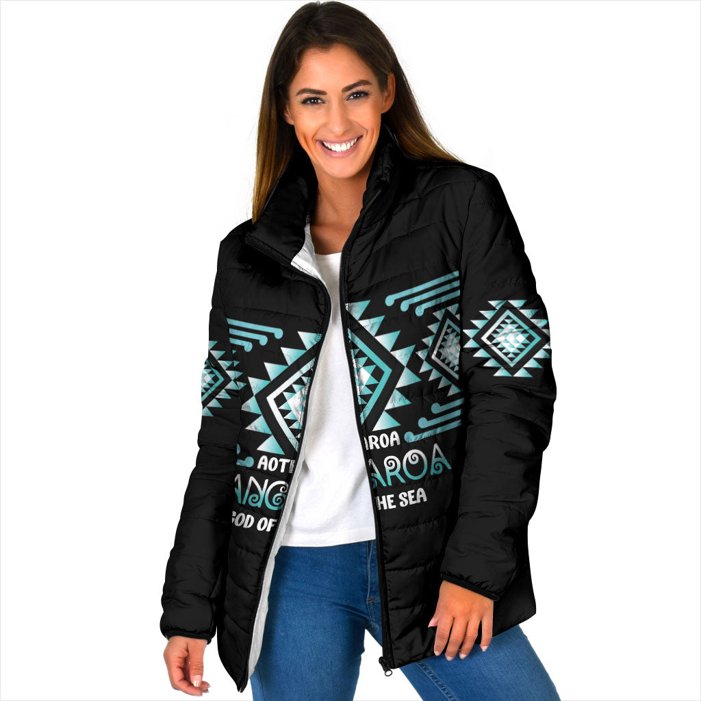 Aotearoa Atua Tangaroa Personalised Padded Jacket Maori God Of The Sea Taniko Motifs LT14 Women Turquoise - Polynesian Pride