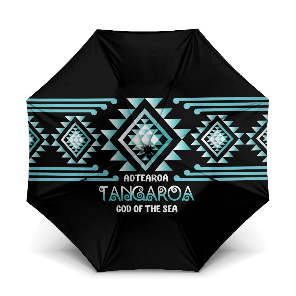 Aotearoa Atua Tangaroa Umbrella Maori God Of The Sea Taniko Motifs LT14 One Size Folded 11.42 inch Opened Diameter 37.4 inch Turquoise - Polynesian Pride
