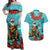 Hawaii Christmas Couples Matching Off Shoulder Maxi Dress and Hawaiian Shirt Mele Kalikimaka Poinsettia Lei - Cyan