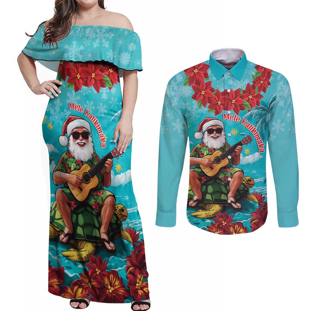 Hawaii Christmas Couples Matching Off Shoulder Maxi Dress and Long Sleeve Button Shirt Mele Kalikimaka Poinsettia Lei - Cyan LT14 Cyan - Polynesian Pride