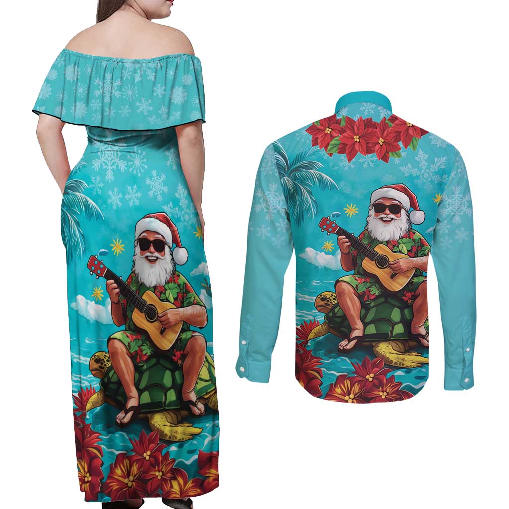 Hawaii Christmas Couples Matching Off Shoulder Maxi Dress and Long Sleeve Button Shirt Mele Kalikimaka Poinsettia Lei - Cyan LT14 - Polynesian Pride