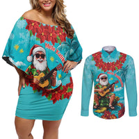 Hawaii Christmas Couples Matching Off Shoulder Short Dress and Long Sleeve Button Shirt Mele Kalikimaka Poinsettia Lei - Cyan LT14 Cyan - Polynesian Pride