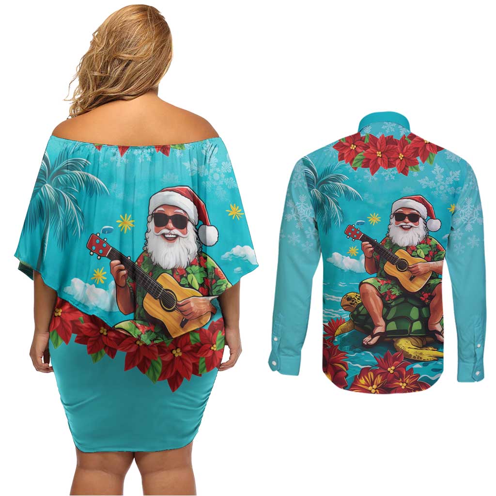 Hawaii Christmas Couples Matching Off Shoulder Short Dress and Long Sleeve Button Shirt Mele Kalikimaka Poinsettia Lei - Cyan LT14 - Polynesian Pride