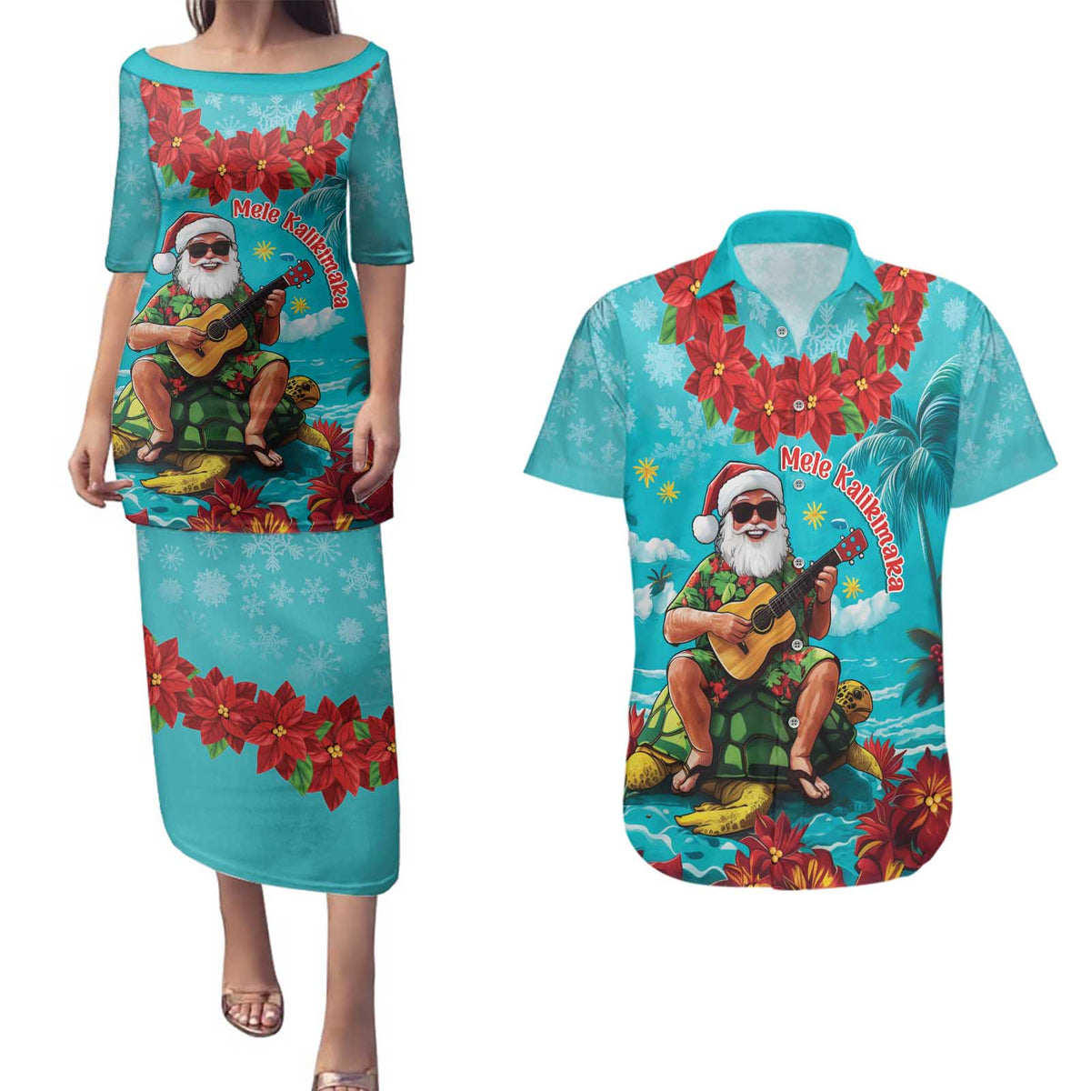 Hawaii Christmas Couples Matching Puletasi and Hawaiian Shirt Mele Kalikimaka Poinsettia Lei - Cyan LT14 Cyan - Polynesian Pride