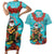 Hawaii Christmas Couples Matching Short Sleeve Bodycon Dress and Hawaiian Shirt Mele Kalikimaka Poinsettia Lei - Cyan