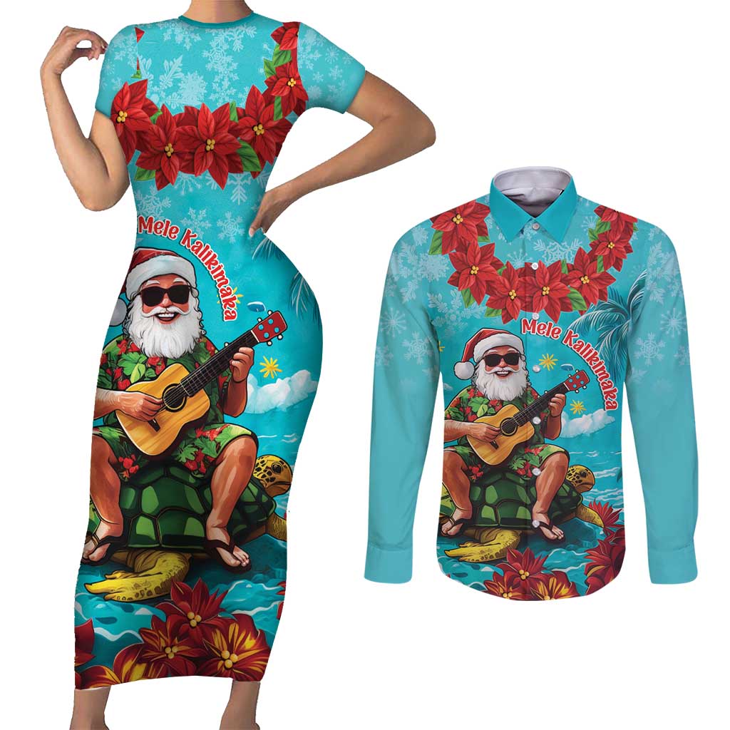 Hawaii Christmas Couples Matching Short Sleeve Bodycon Dress and Long Sleeve Button Shirt Mele Kalikimaka Poinsettia Lei - Cyan