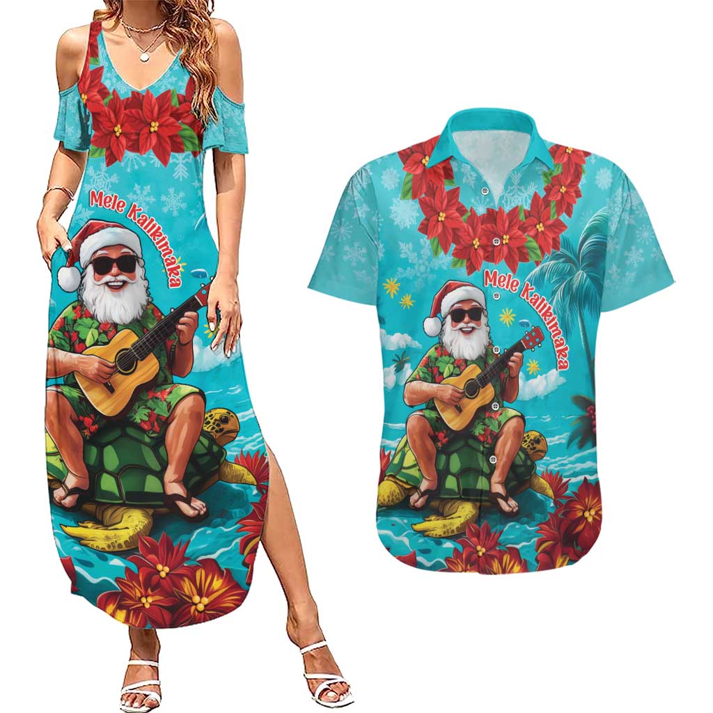 Hawaii Christmas Couples Matching Summer Maxi Dress and Hawaiian Shirt Mele Kalikimaka Poinsettia Lei - Cyan