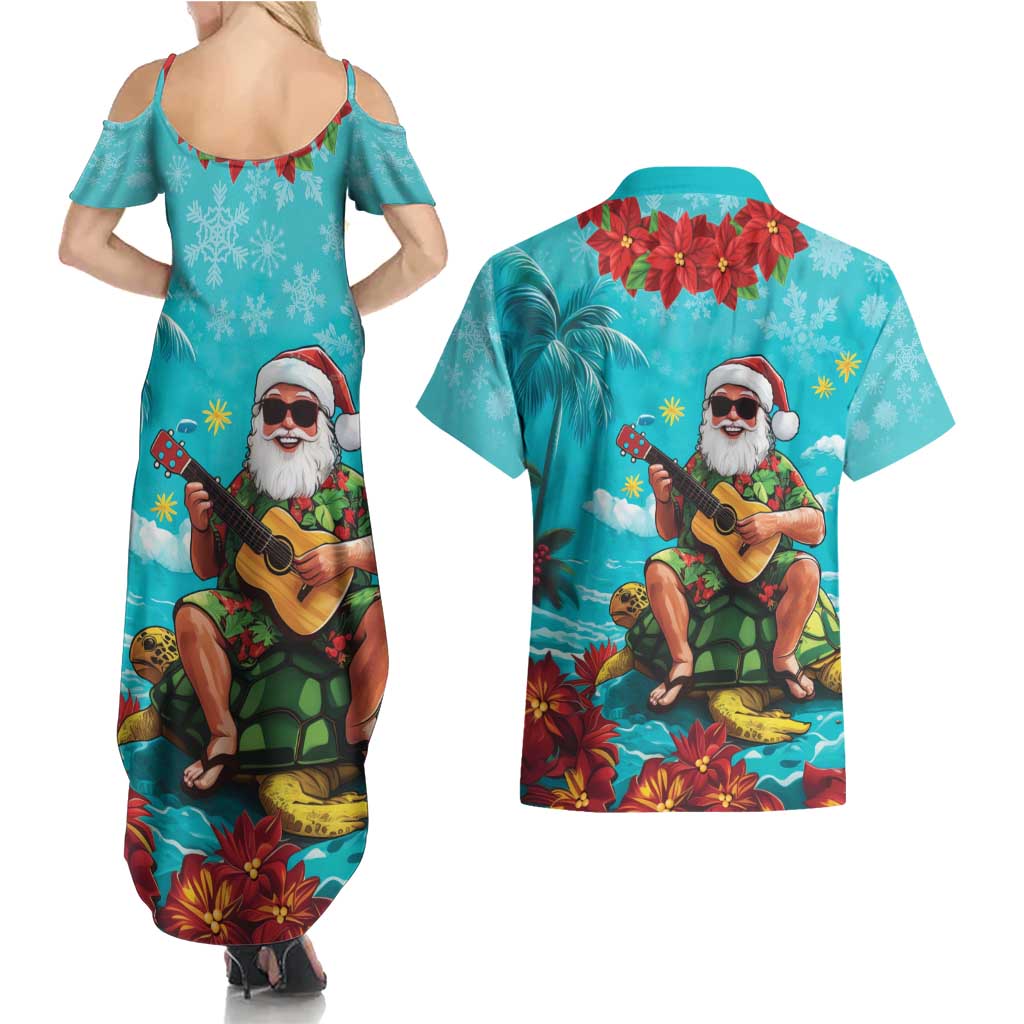 Hawaii Christmas Couples Matching Summer Maxi Dress and Hawaiian Shirt Mele Kalikimaka Poinsettia Lei - Cyan