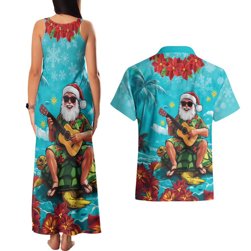 Hawaii Christmas Couples Matching Tank Maxi Dress and Hawaiian Shirt Mele Kalikimaka Poinsettia Lei - Cyan