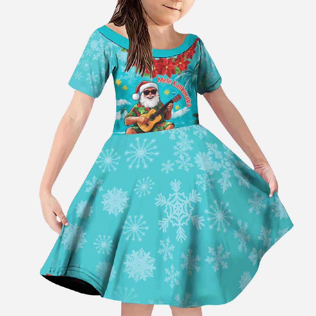 Hawaii Christmas Family Matching Long Sleeve Bodycon Dress and Hawaiian Shirt Mele Kalikimaka Poinsettia Lei - Cyan