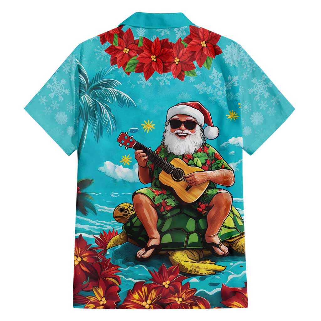 Hawaii Christmas Family Matching Long Sleeve Bodycon Dress and Hawaiian Shirt Mele Kalikimaka Poinsettia Lei - Cyan